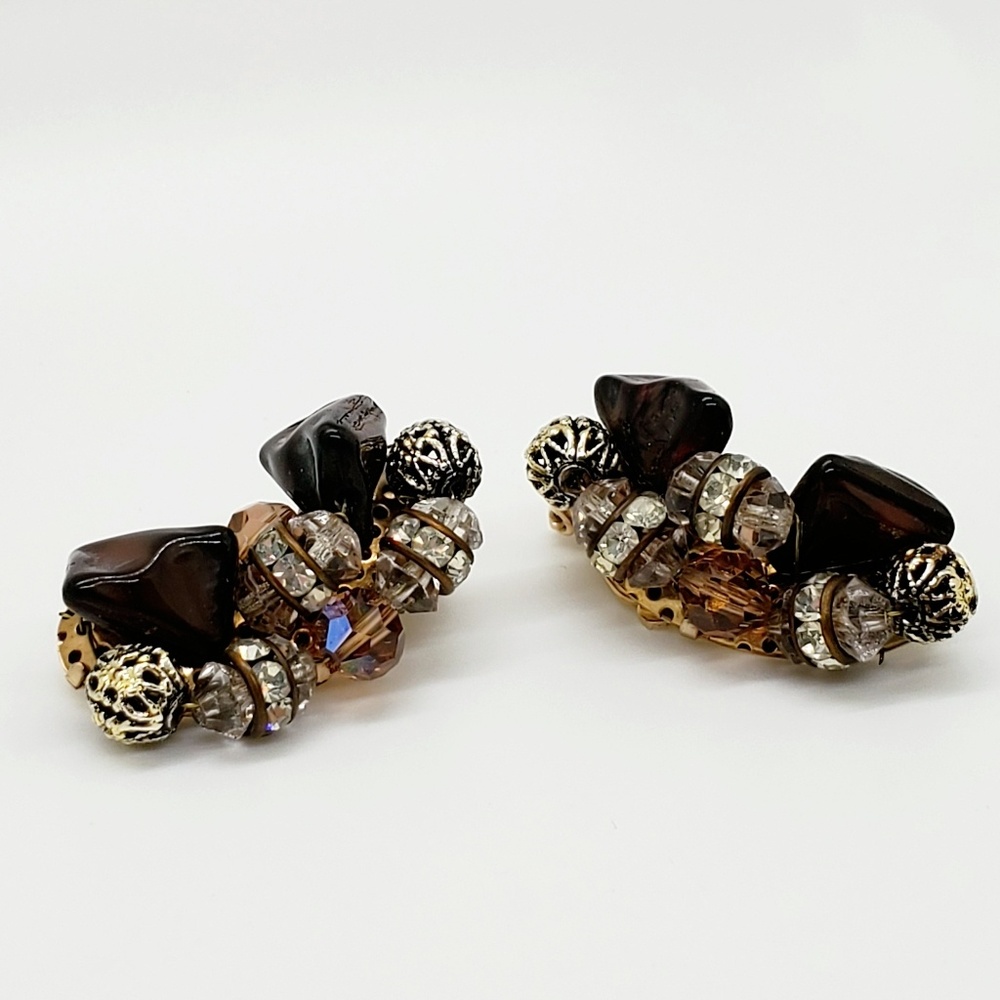 Faux topaz Tiger's Eye rhinestone clip on earrings Vintage Goldtone 60s Retro - Picture 3 of 6